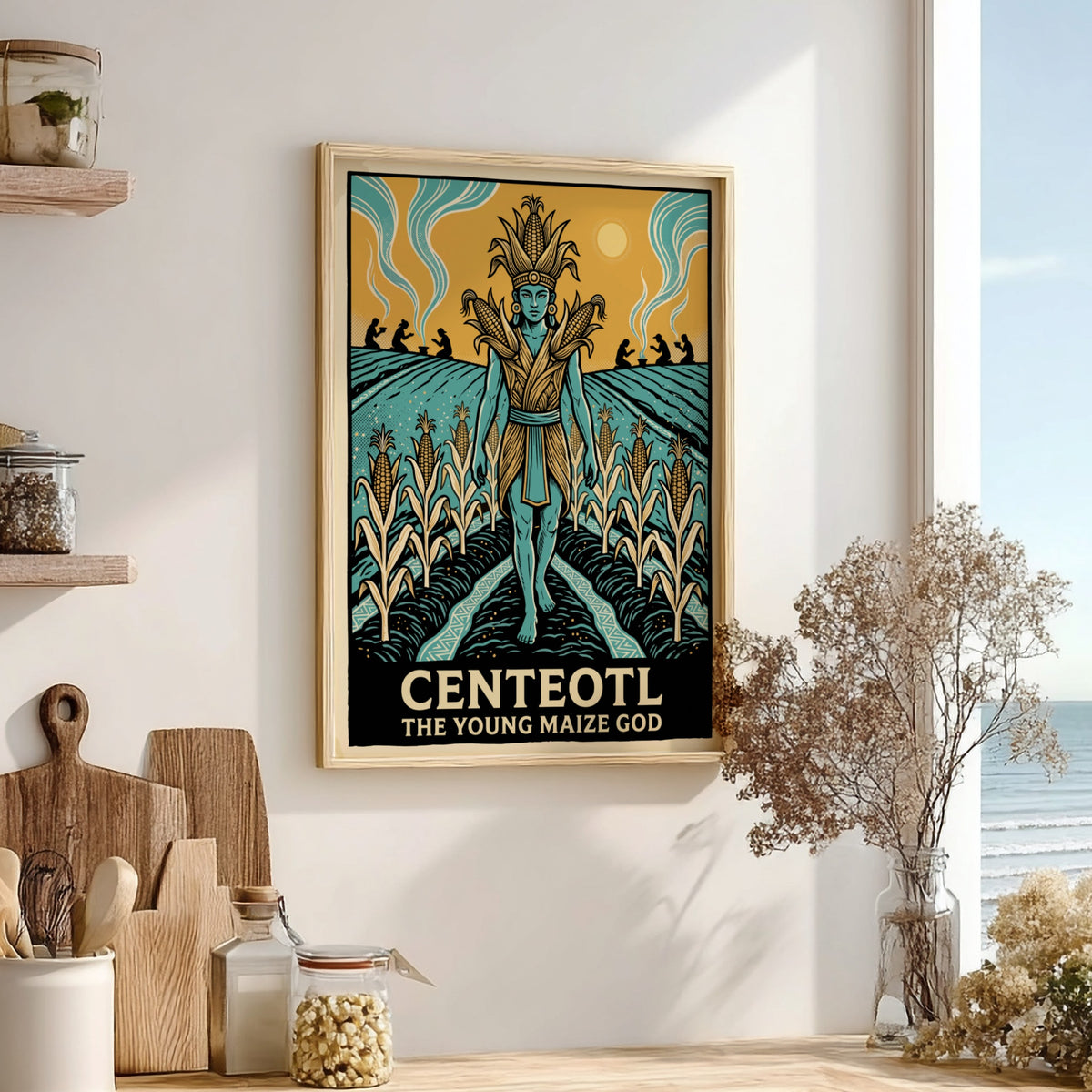 Centeotl Young Maize God poster featuring a blue deity standing amidst golden corn fields