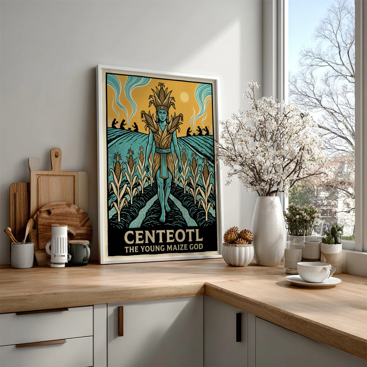 Centeotl Young Maize God poster featuring a blue deity standing amidst golden corn fields
