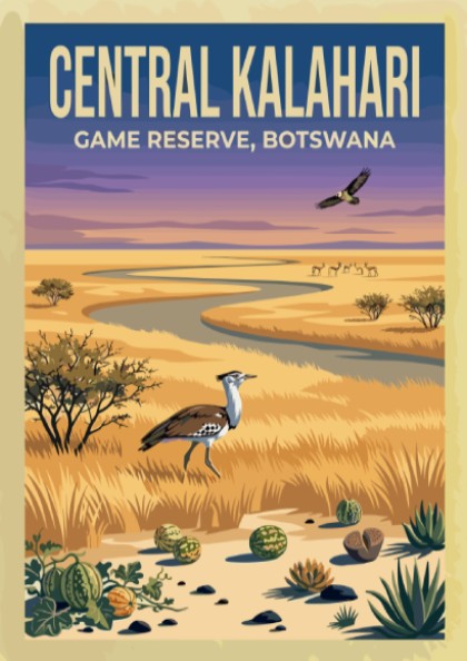 Central Kalahari poster featuring earthy tones and nature elements, ideal for wall decor and nature lovers.
