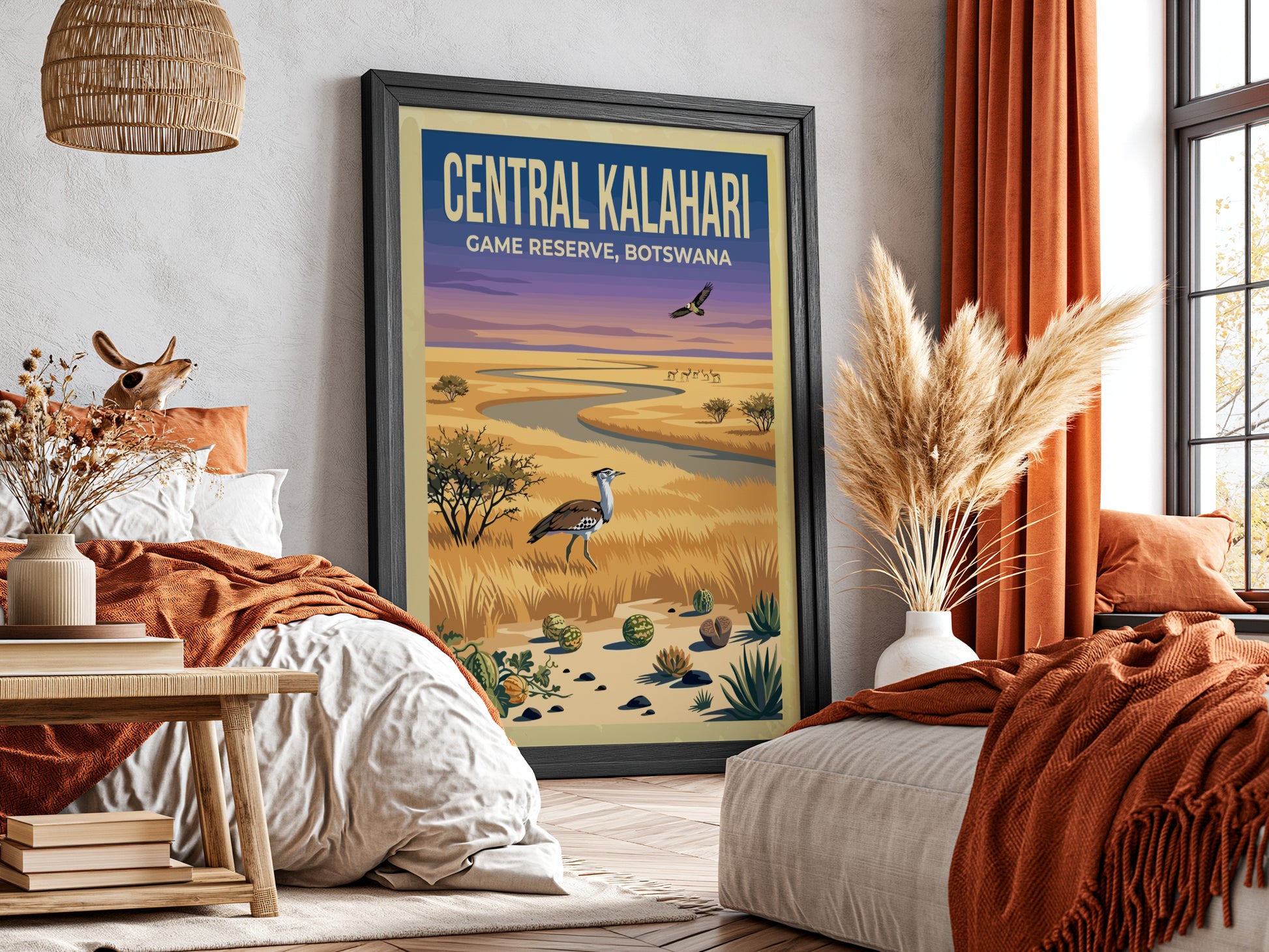 Central Kalahari poster featuring earthy tones and nature elements, ideal for wall decor and nature lovers.