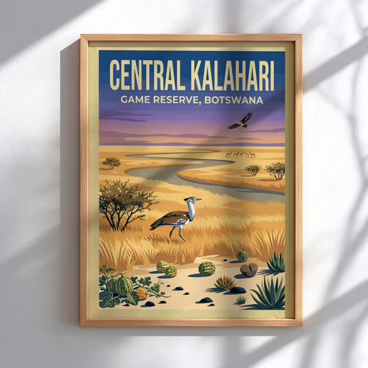 Central Kalahari poster featuring earthy tones and nature elements, ideal for wall decor and nature lovers.