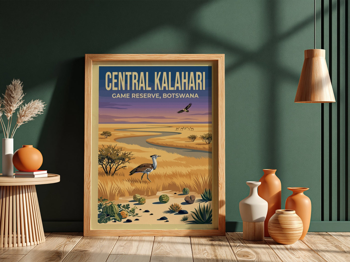 Central Kalahari poster featuring earthy tones and nature elements, ideal for wall decor and nature lovers.
