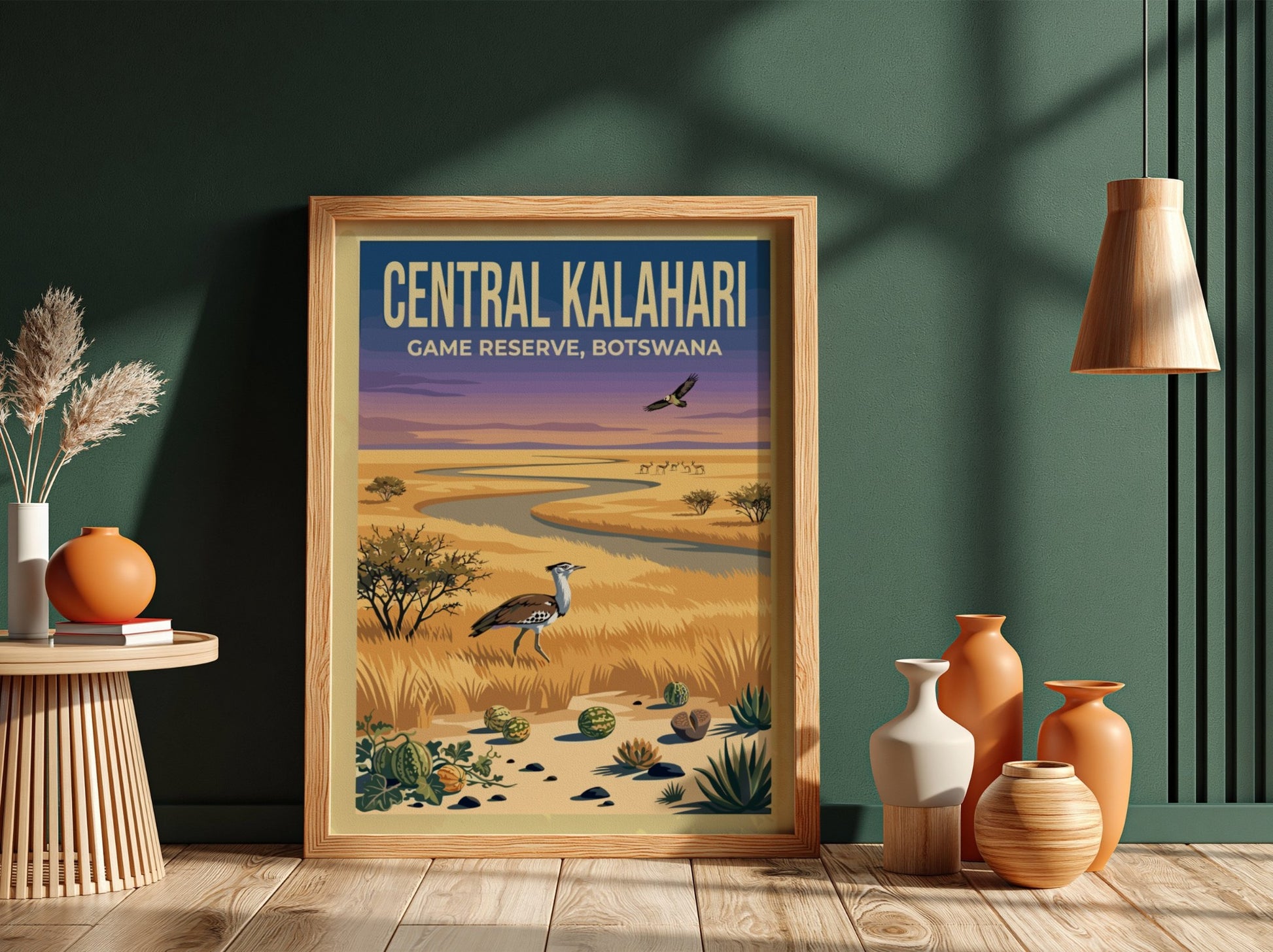 Central Kalahari poster featuring earthy tones and nature elements, ideal for wall decor and nature lovers.