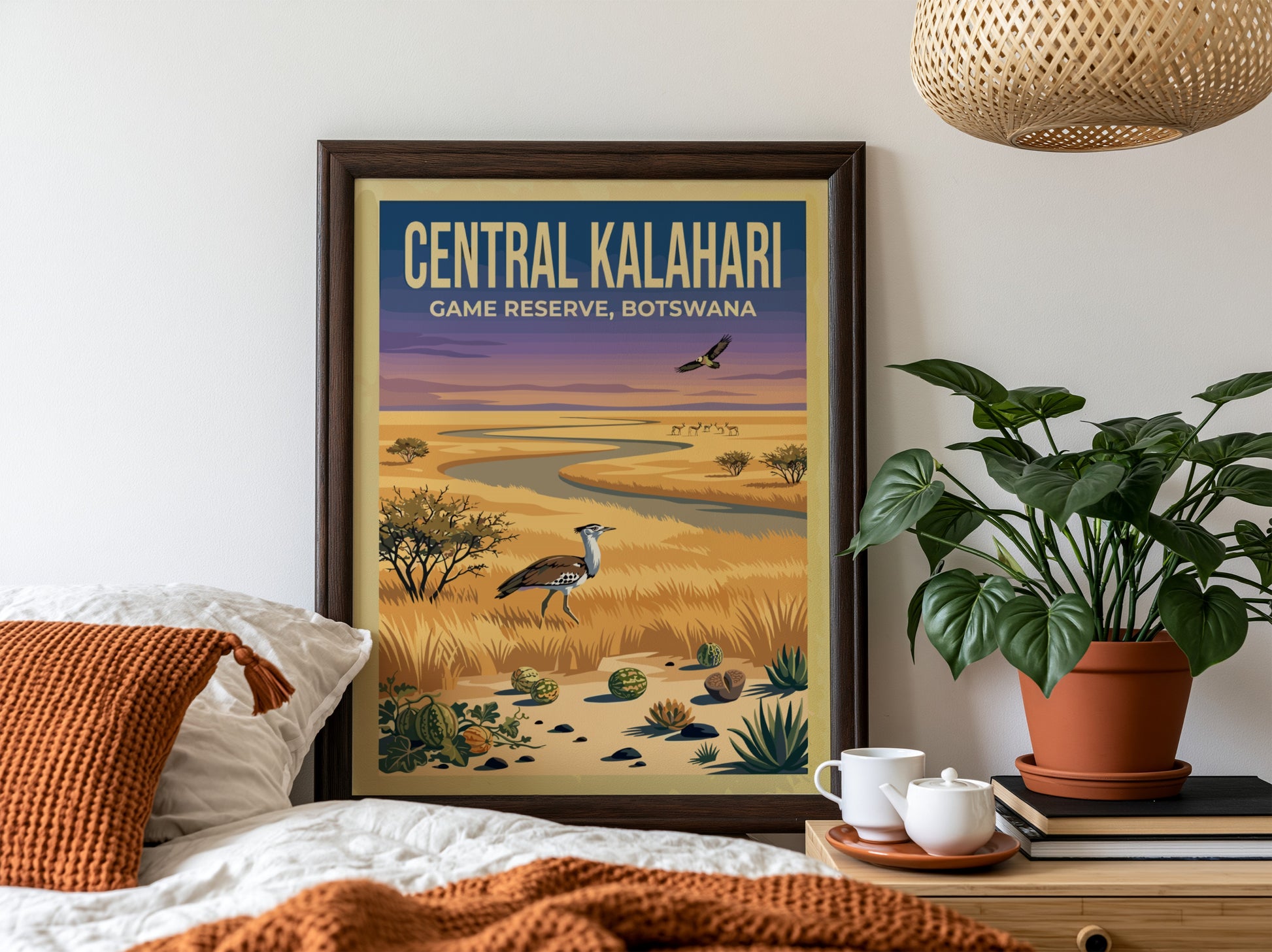 Central Kalahari poster featuring earthy tones and nature elements, ideal for wall decor and nature lovers.