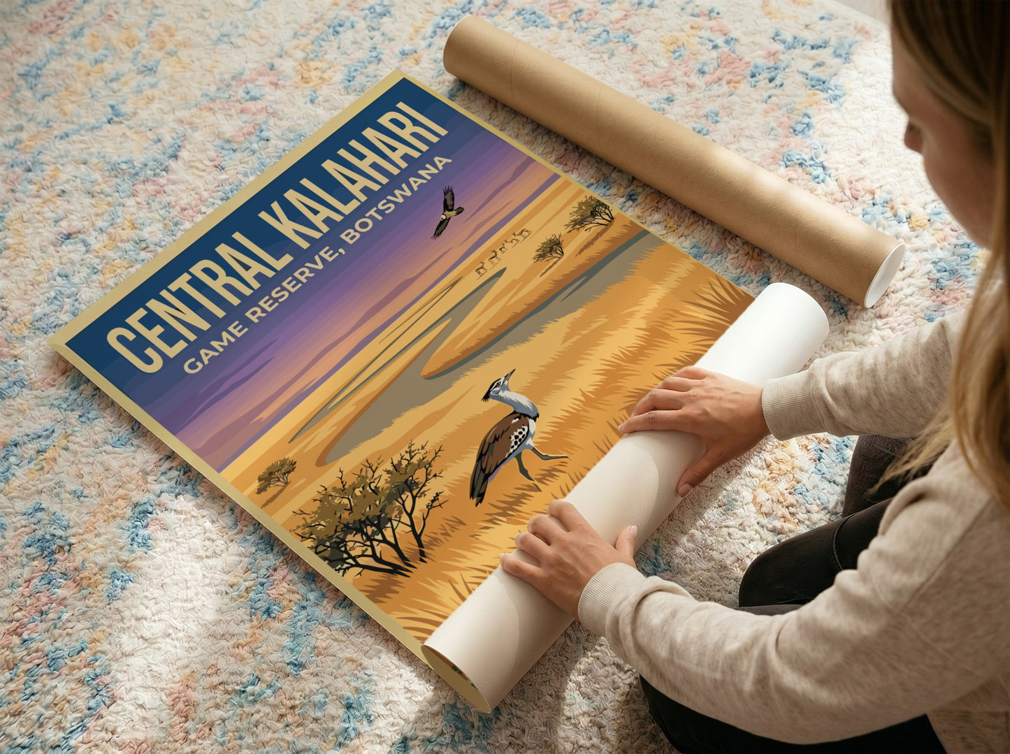 Central Kalahari poster featuring earthy tones and nature elements, ideal for wall decor and nature lovers.