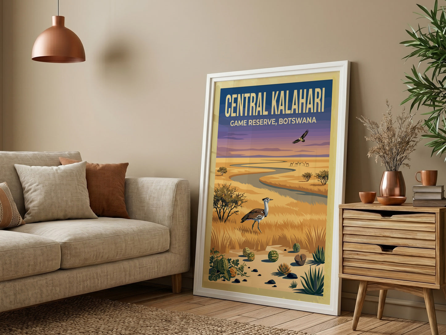 Central Kalahari poster featuring earthy tones and nature elements, ideal for wall decor and nature lovers.