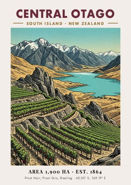 Poster of Central Otago vineyards, blue lake, and snow-capped mountains in vintage style.