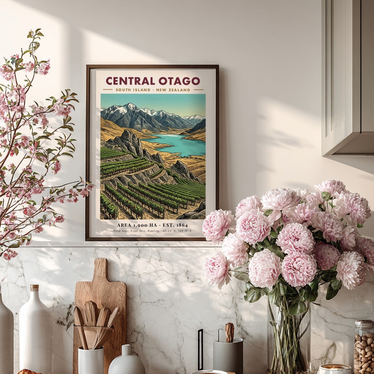 Poster of Central Otago vineyards, blue lake, and snow-capped mountains in vintage style.