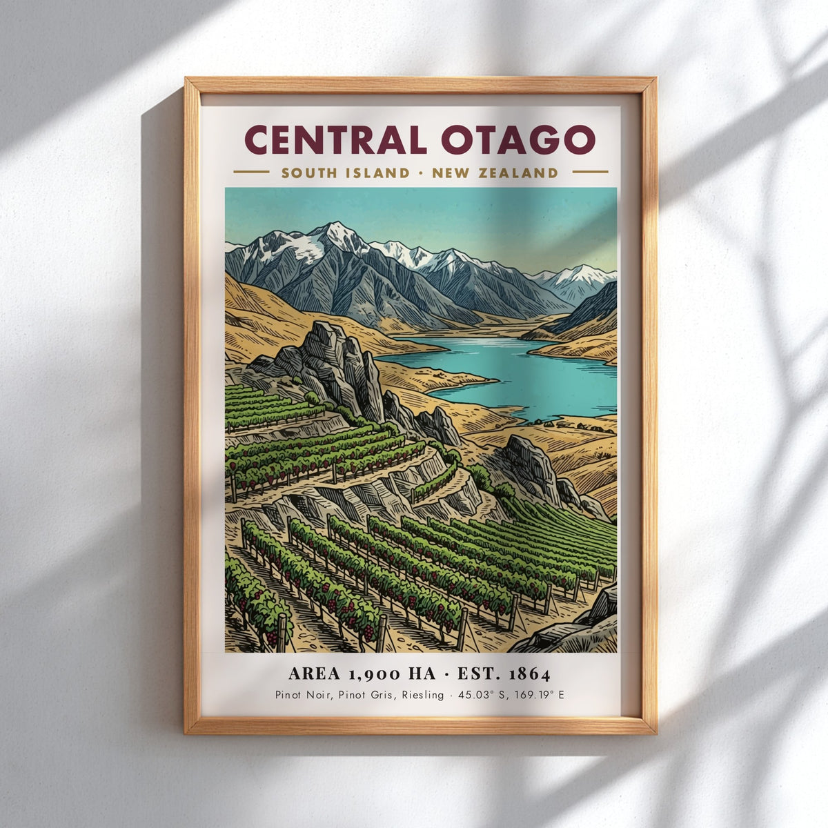 Poster of Central Otago vineyards, blue lake, and snow-capped mountains in vintage style.