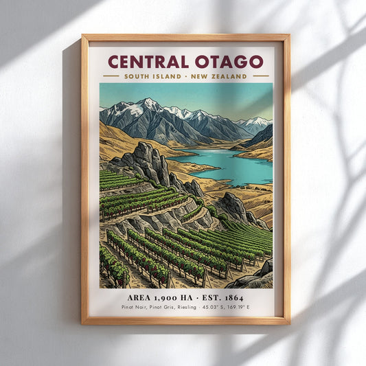 Poster of Central Otago vineyards, blue lake, and snow-capped mountains in vintage style.