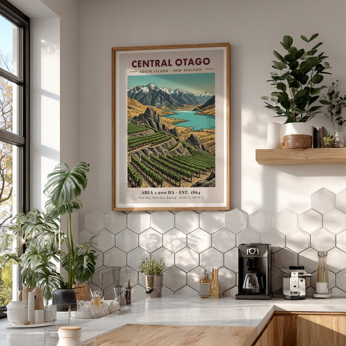 Poster of Central Otago vineyards, blue lake, and snow-capped mountains in vintage style.