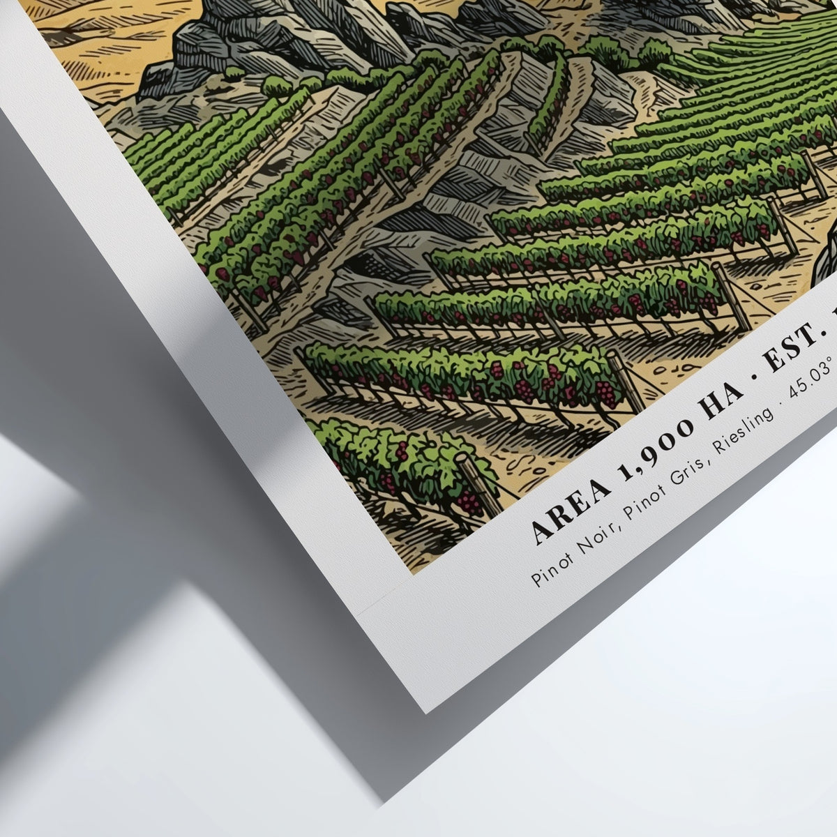 Poster of Central Otago vineyards, blue lake, and snow-capped mountains in vintage style.