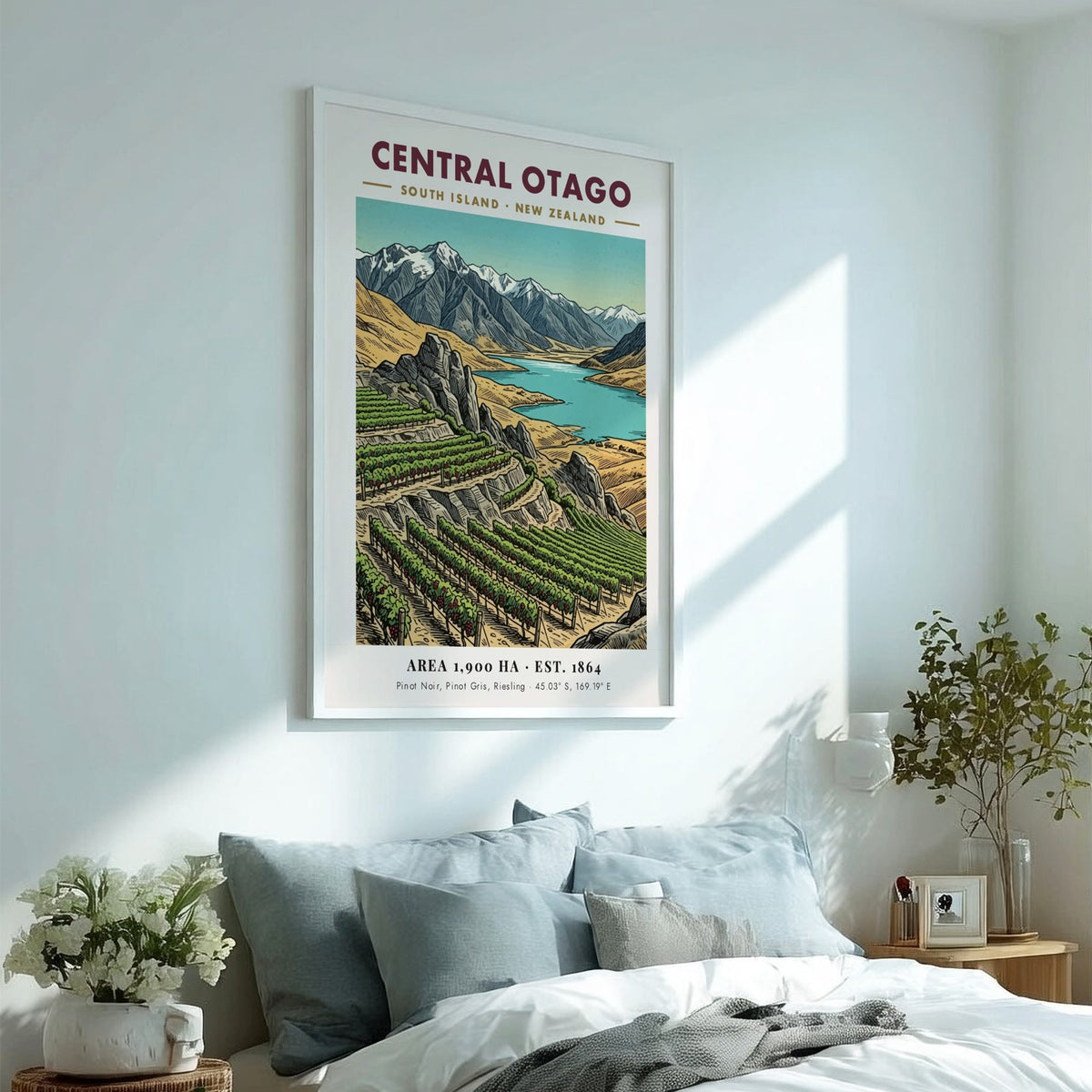 Poster of Central Otago vineyards, blue lake, and snow-capped mountains in vintage style.