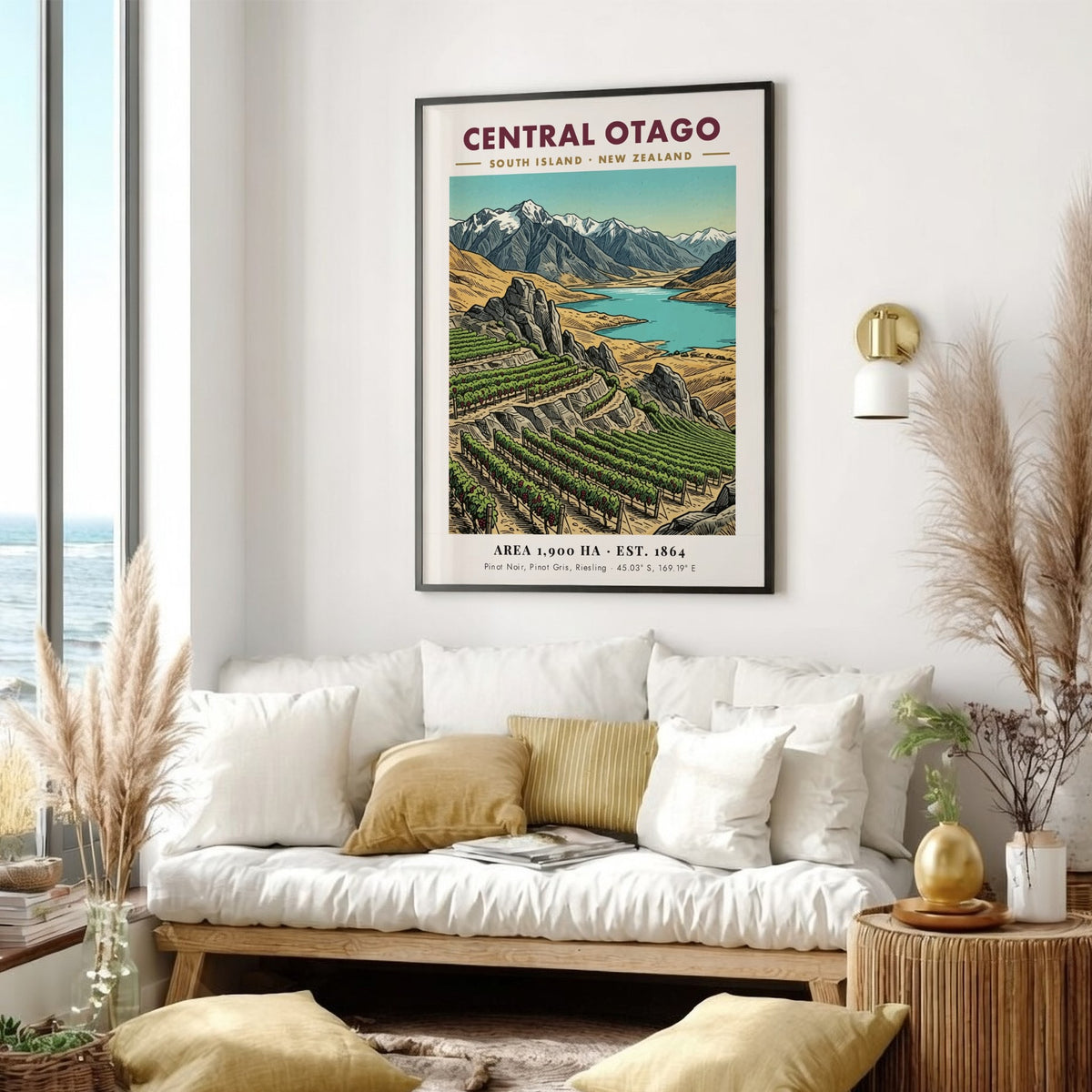 Poster of Central Otago vineyards, blue lake, and snow-capped mountains in vintage style.