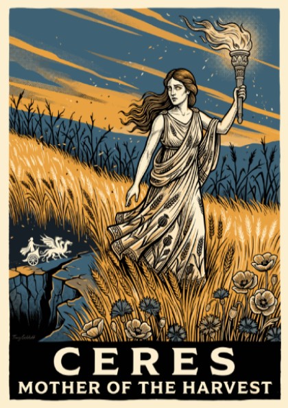 Poster of Ceres, Roman goddess of the harvest, holding a torch in golden fields.