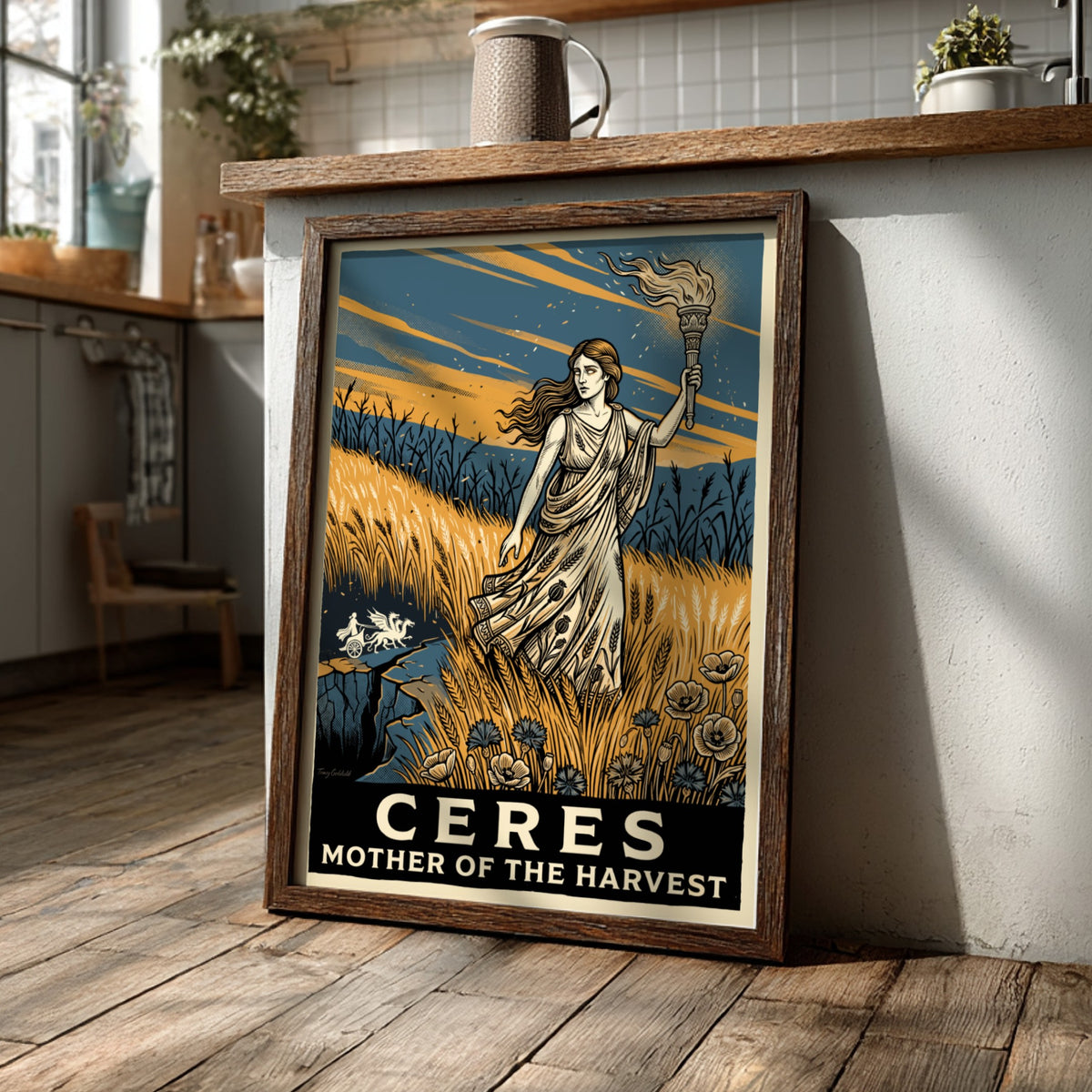 Poster of Ceres, Roman goddess of the harvest, holding a torch in golden fields.