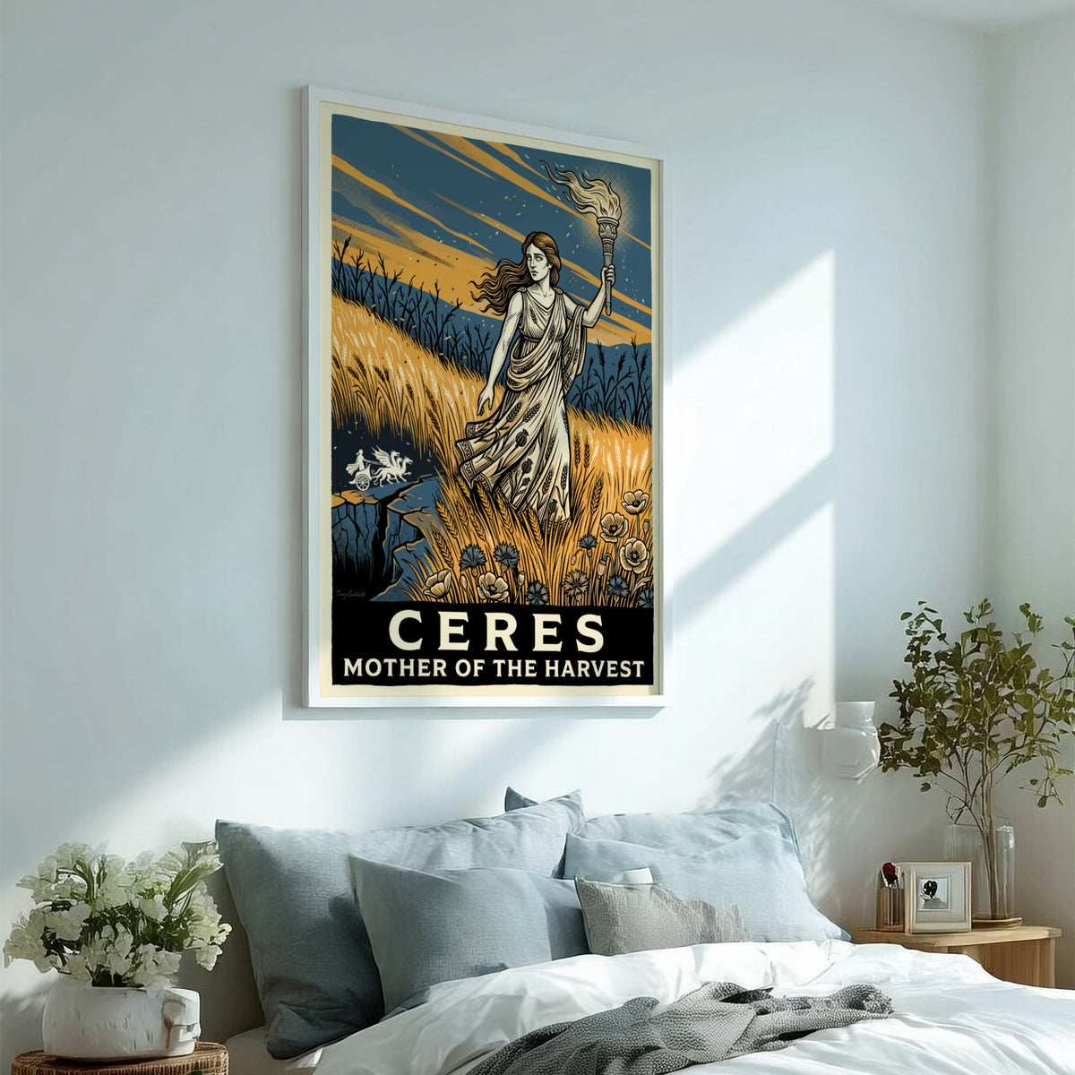 Poster of Ceres, Roman goddess of the harvest, holding a torch in golden fields.