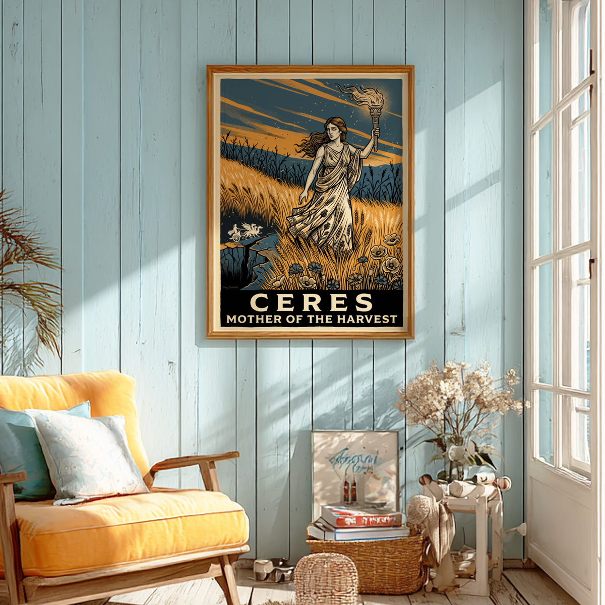 Poster of Ceres, Roman goddess of the harvest, holding a torch in golden fields.