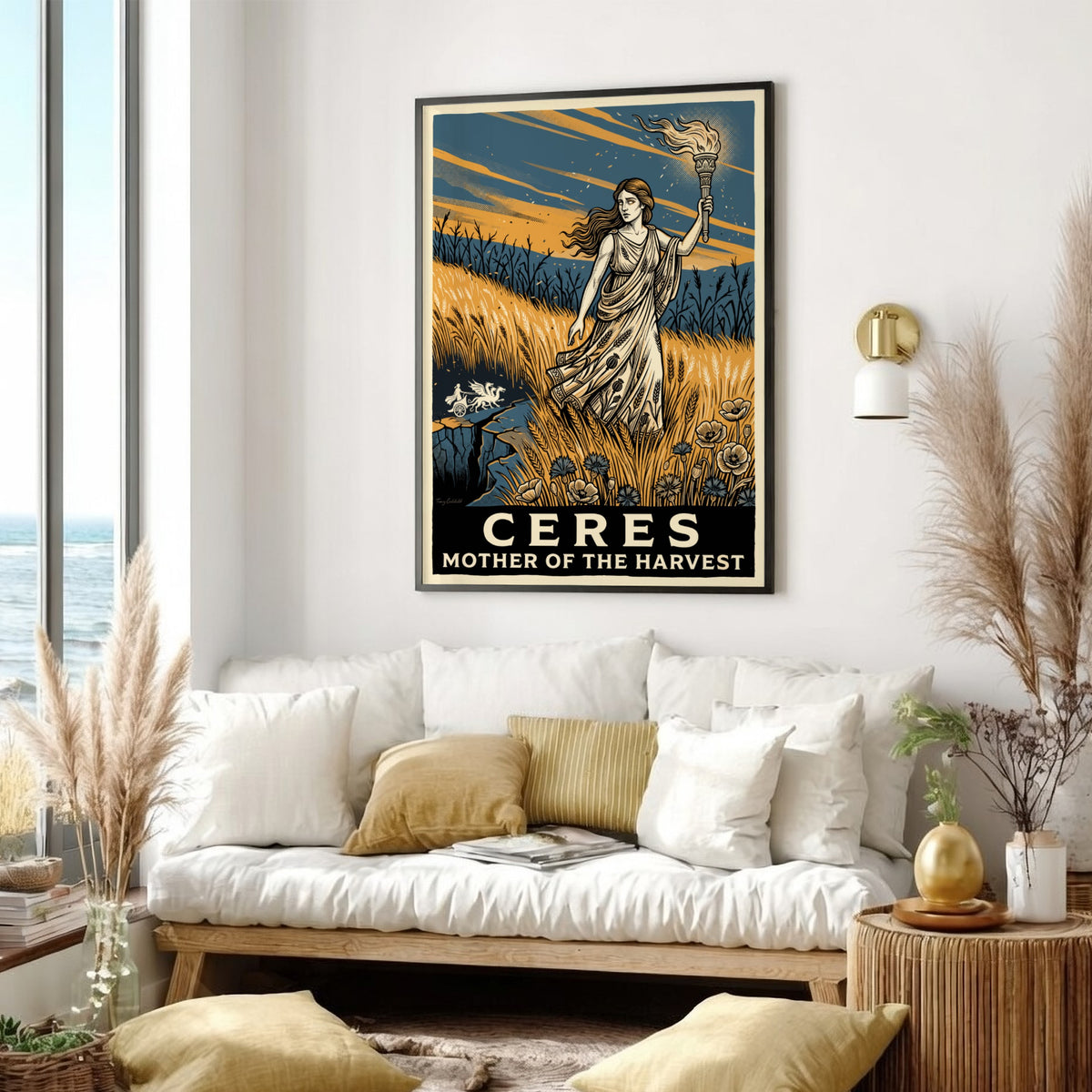 Poster of Ceres, Roman goddess of the harvest, holding a torch in golden fields.