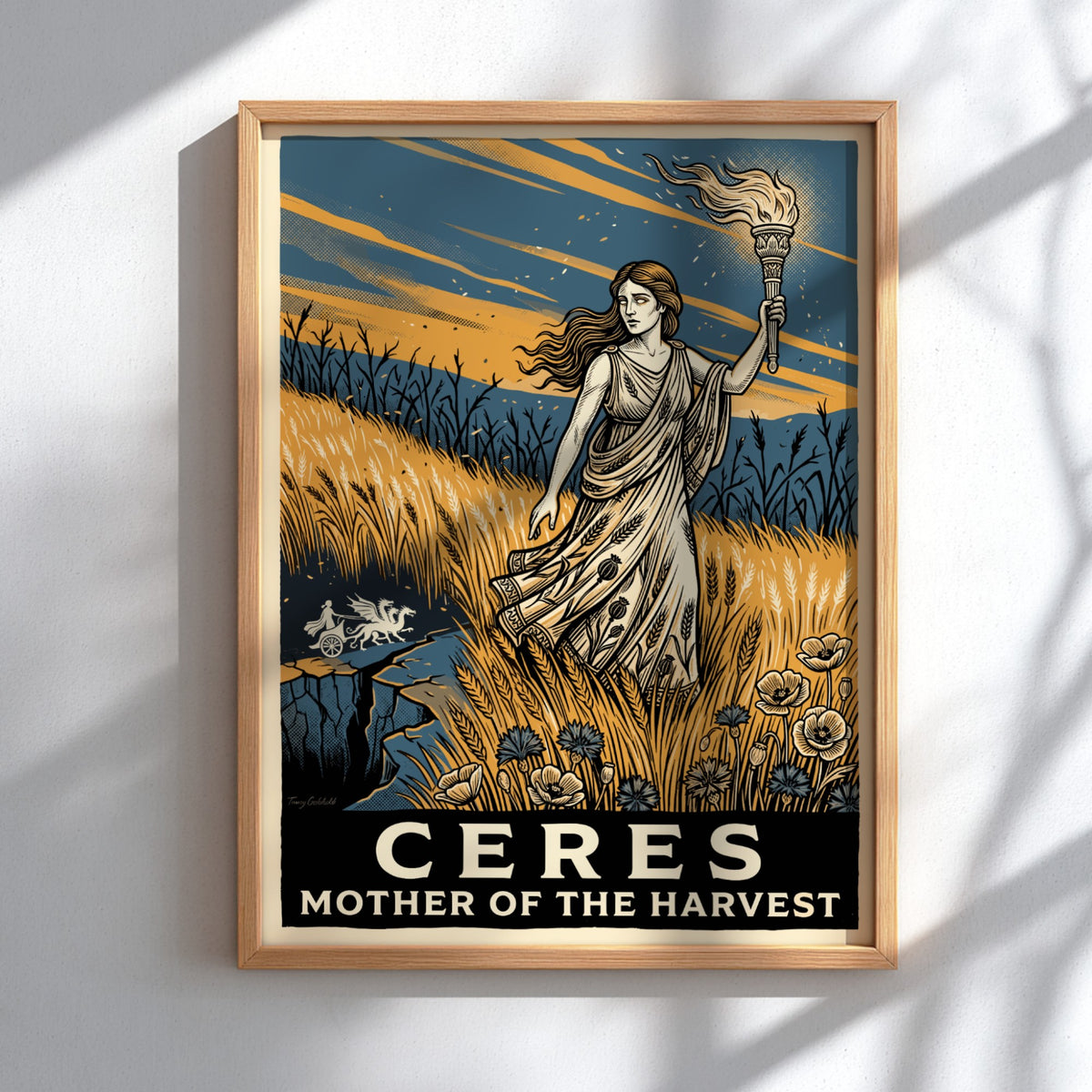 Poster of Ceres, Roman goddess of the harvest, holding a torch in golden fields.