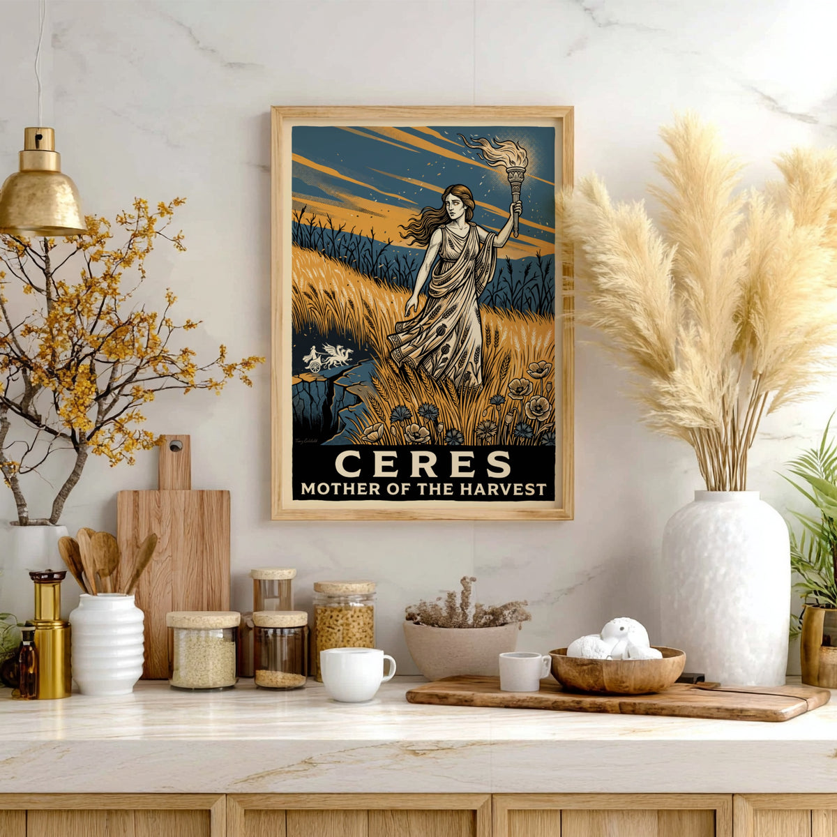 Poster of Ceres, Roman goddess of the harvest, holding a torch in golden fields.