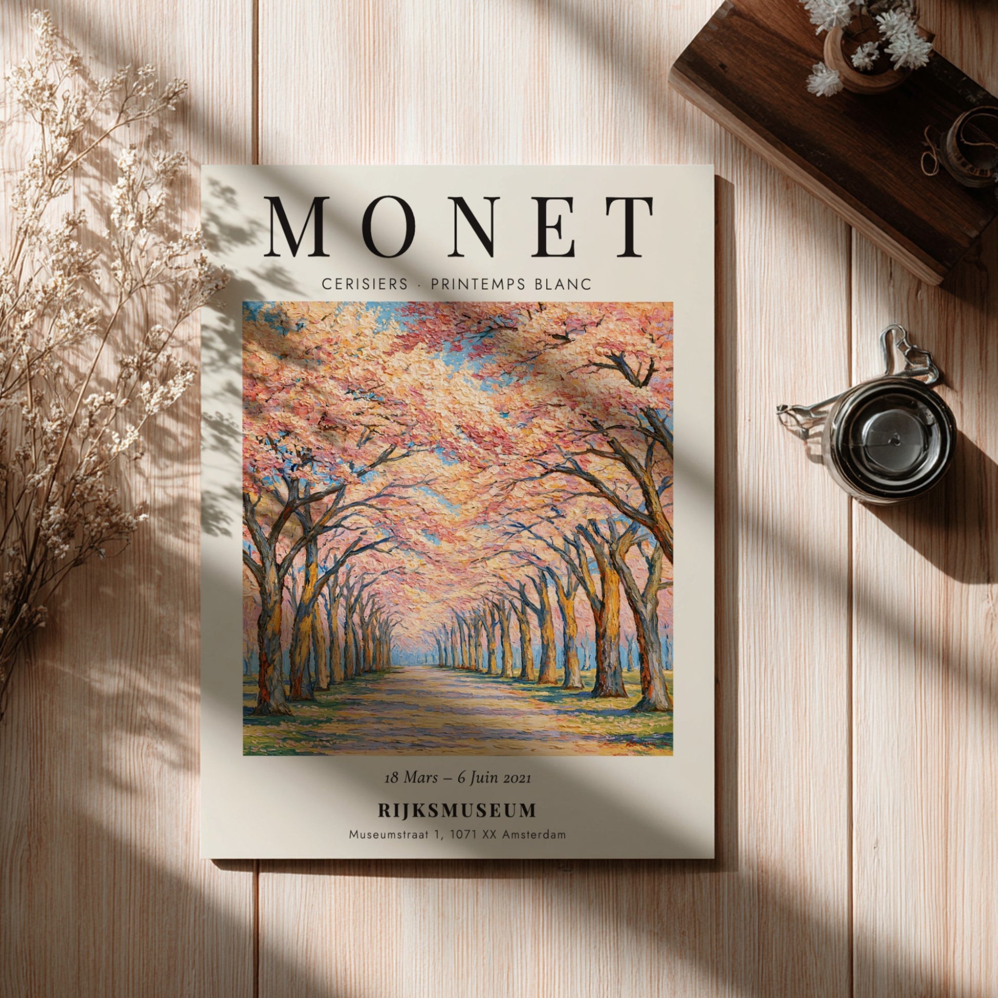 Monet inspired poster featuring cherry blossoms in vibrant pinks and whites, perfect for home decor.