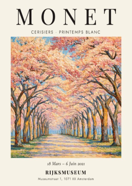 Monet inspired poster featuring cherry blossoms in vibrant pinks and whites, perfect for home decor.