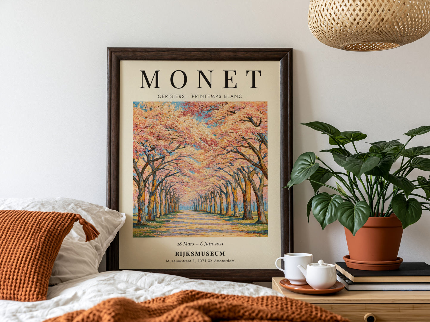 Monet inspired poster featuring cherry blossoms in vibrant pinks and whites, perfect for home decor.