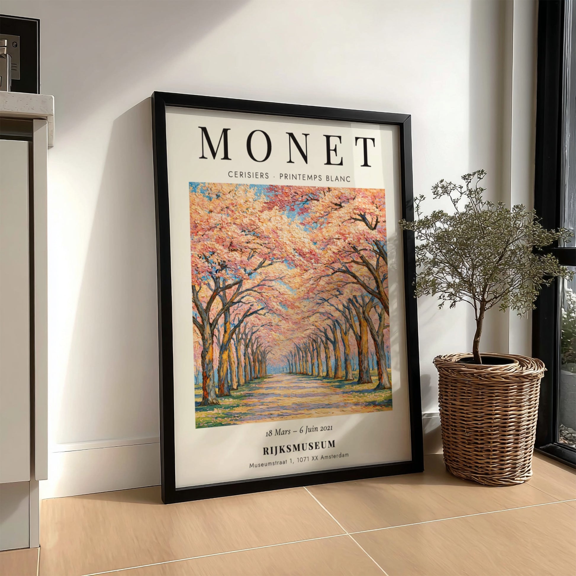 Monet inspired poster featuring cherry blossoms in vibrant pinks and whites, perfect for home decor.