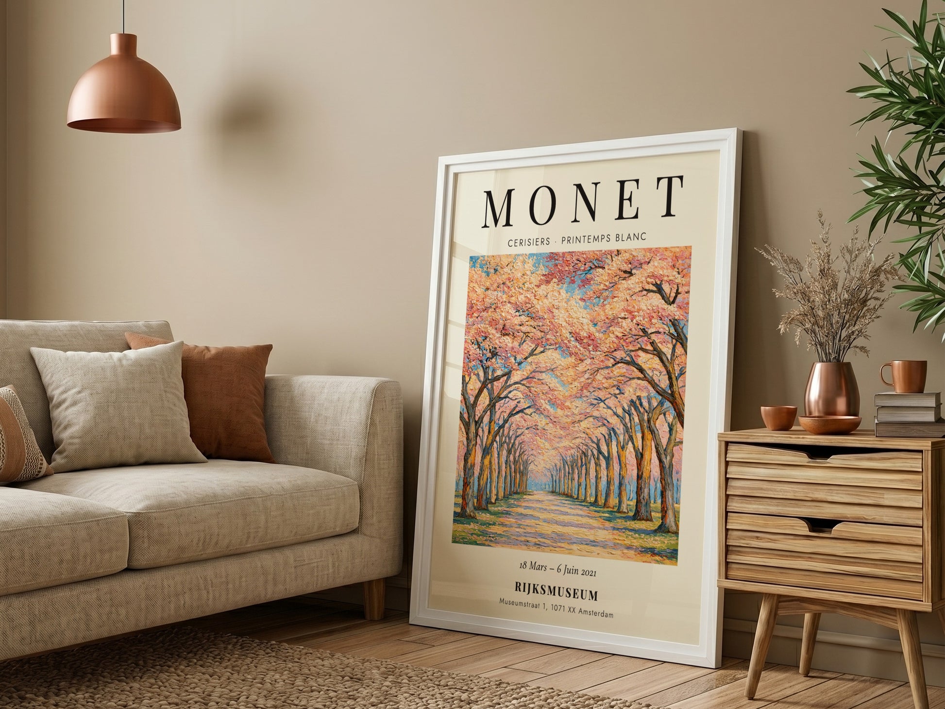 Monet inspired poster featuring cherry blossoms in vibrant pinks and whites, perfect for home decor.