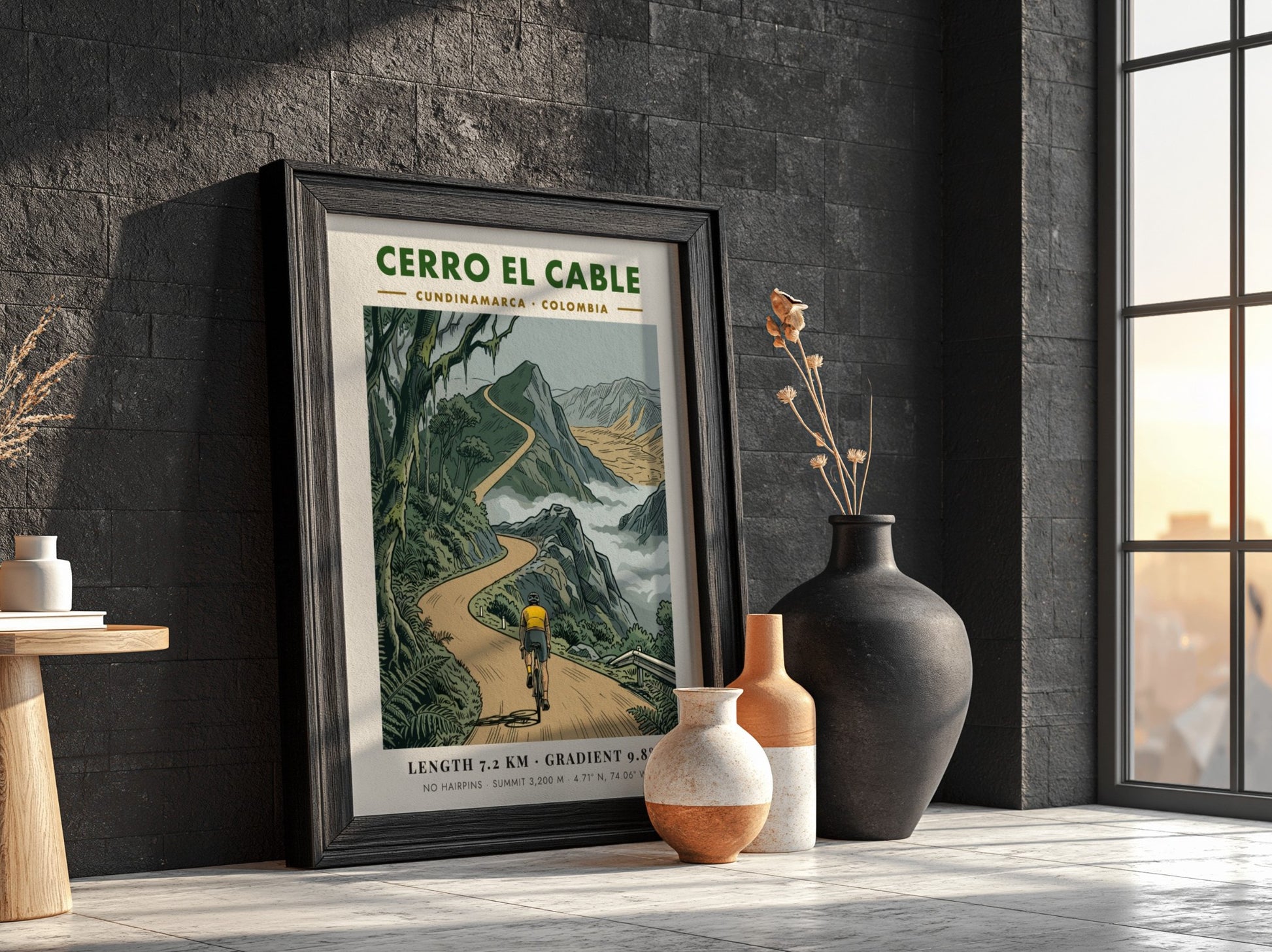 Poster featuring a cyclist riding up the winding mountain road of Cerro El Cable.