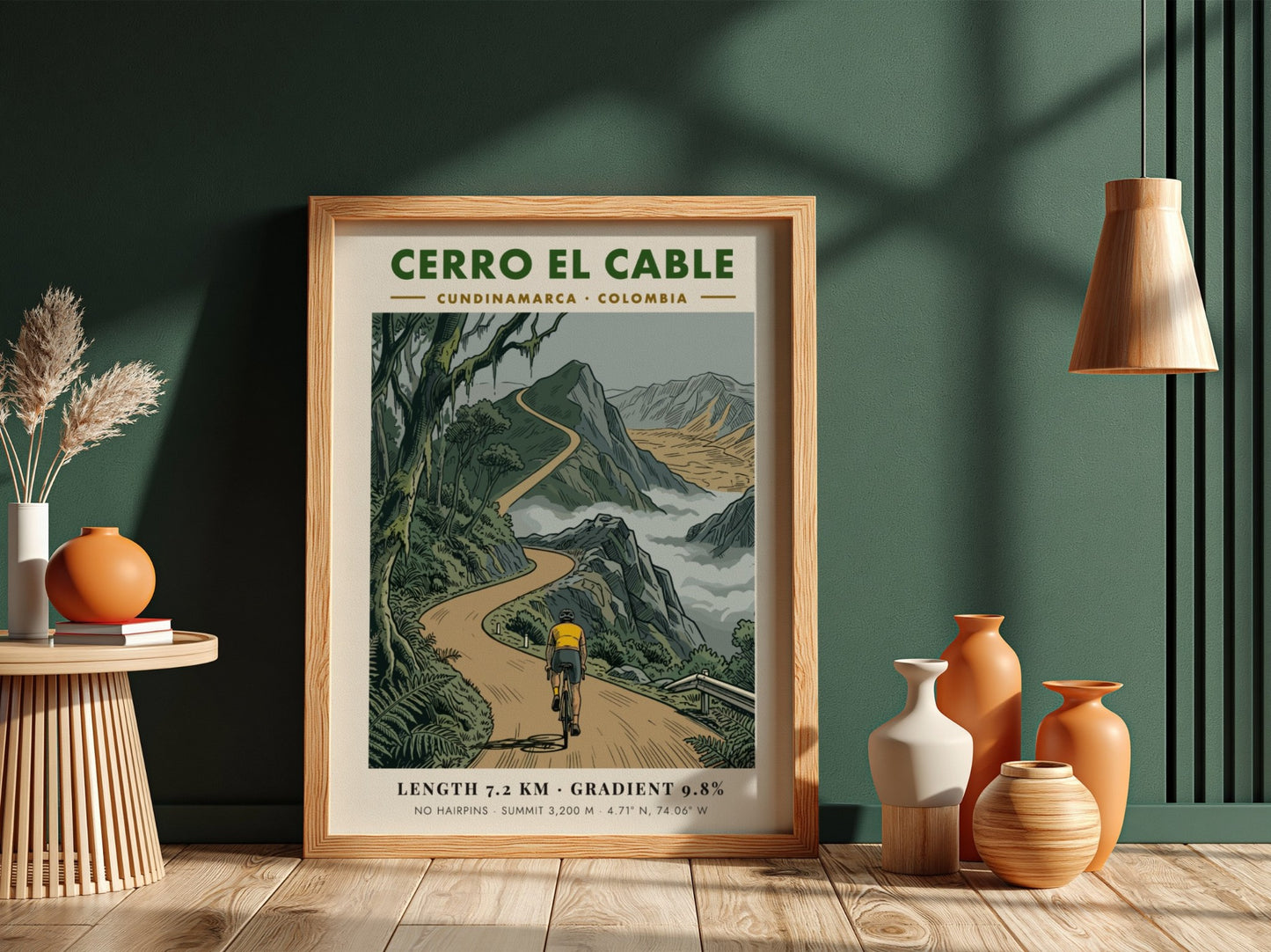Poster featuring a cyclist riding up the winding mountain road of Cerro El Cable.