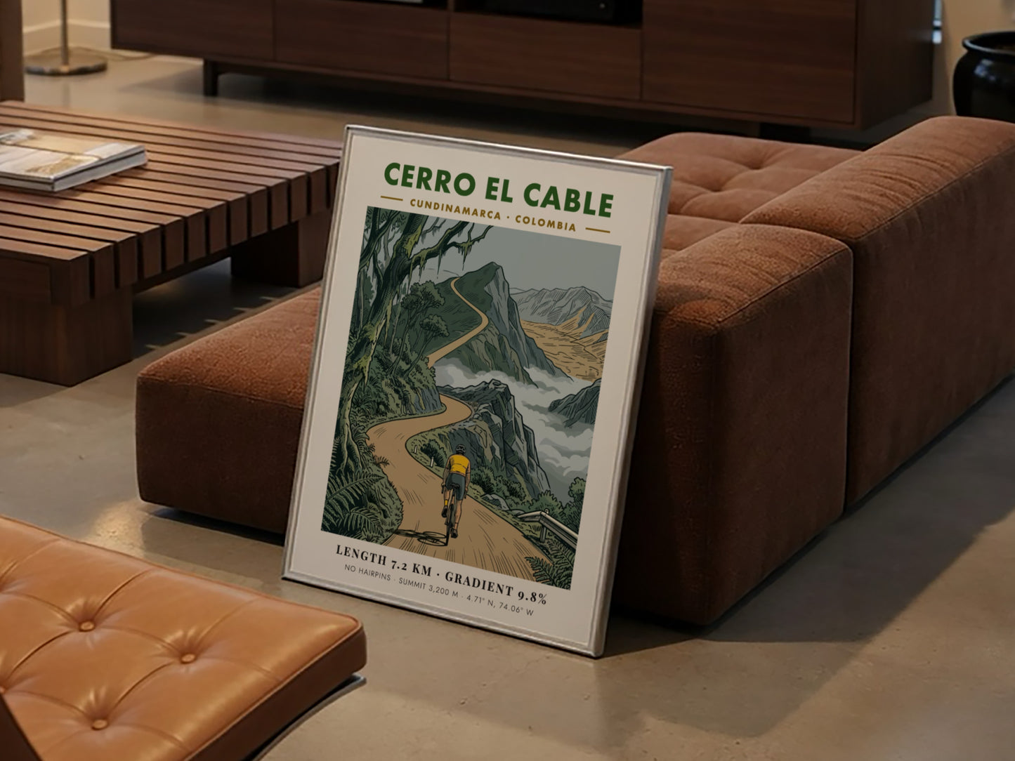 Poster featuring a cyclist riding up the winding mountain road of Cerro El Cable.