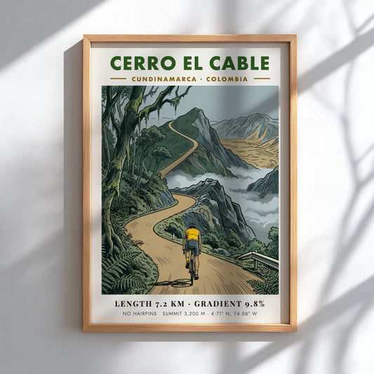 Poster featuring a cyclist riding up the winding mountain road of Cerro El Cable.