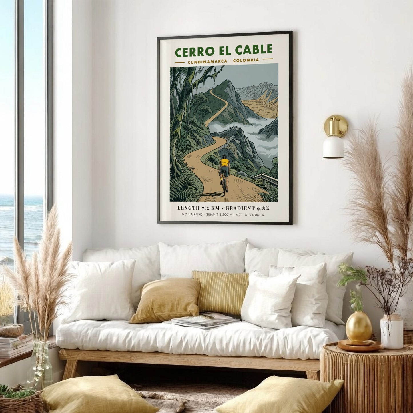Poster featuring a cyclist riding up the winding mountain road of Cerro El Cable.