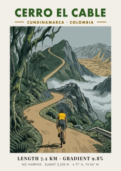 Poster featuring a cyclist riding up the winding mountain road of Cerro El Cable.