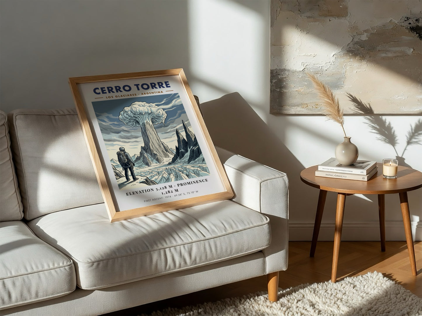 Poster featuring a climber looking at the icy, granite spire of Cerro Torre.