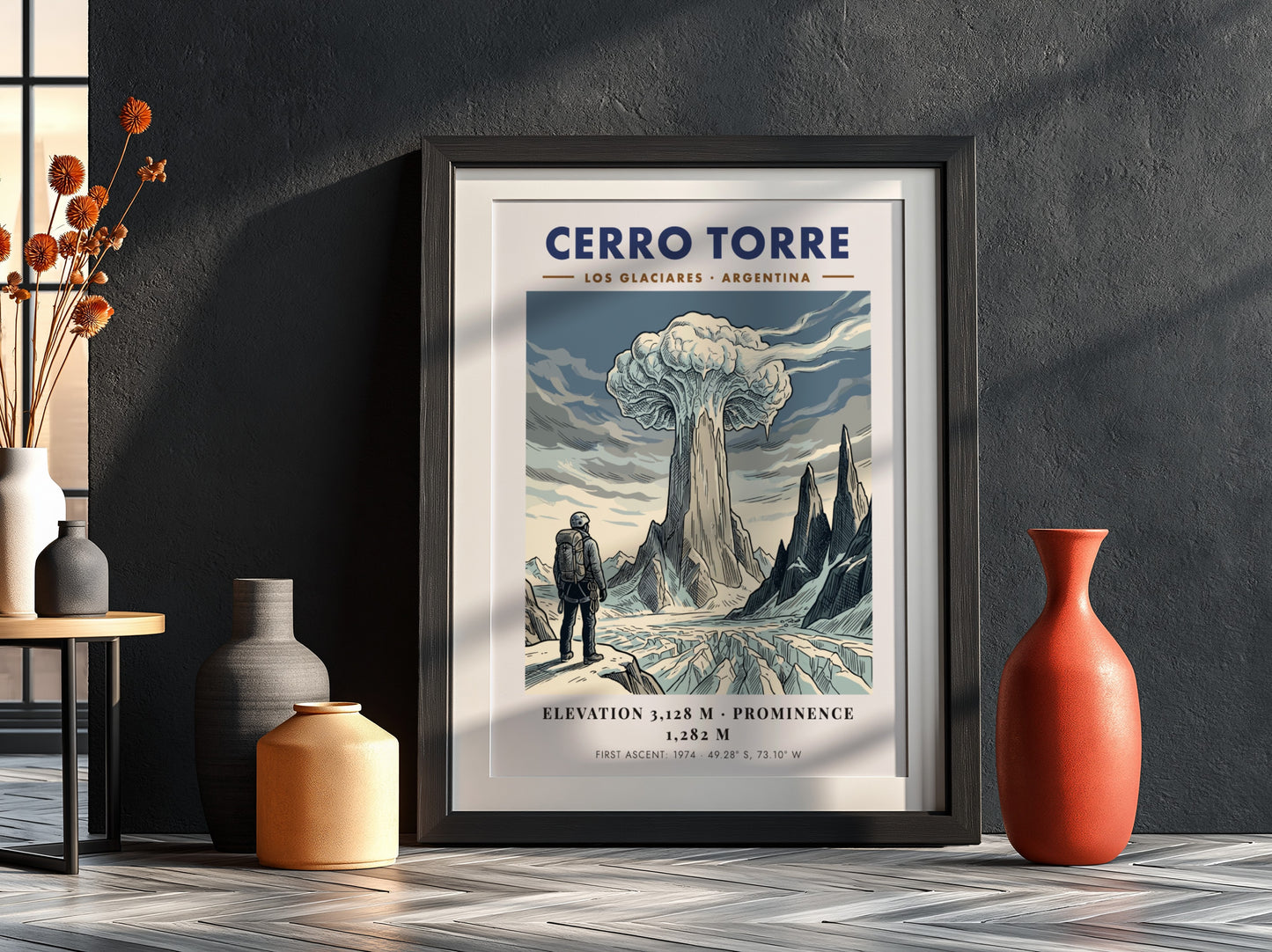 Poster featuring a climber looking at the icy, granite spire of Cerro Torre.