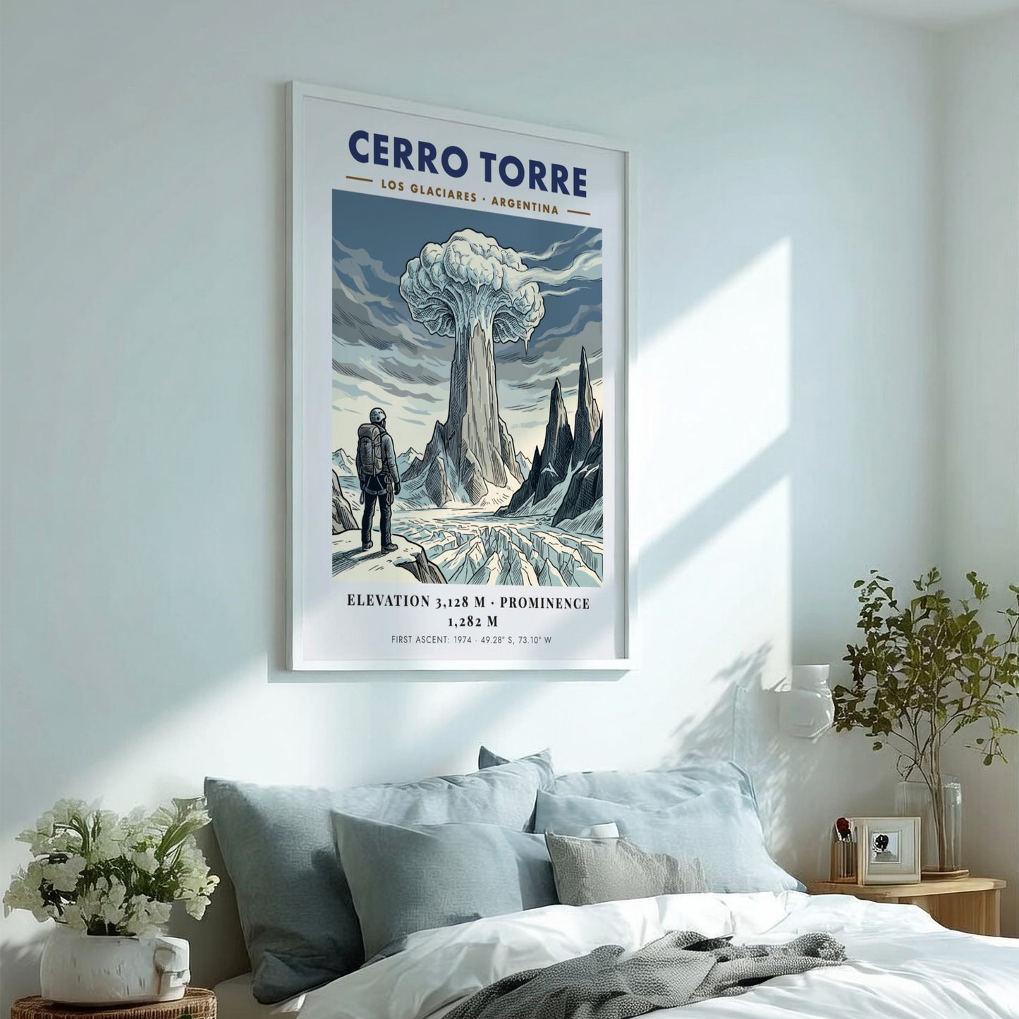 Poster featuring a climber looking at the icy, granite spire of Cerro Torre.