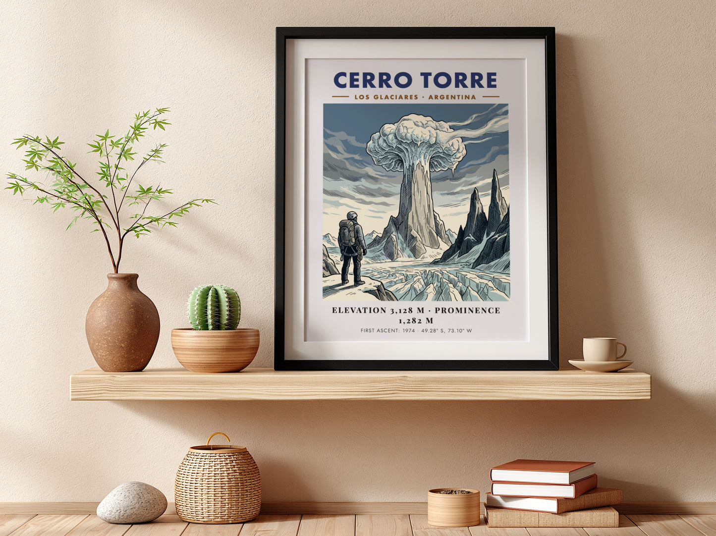 Poster featuring a climber looking at the icy, granite spire of Cerro Torre.