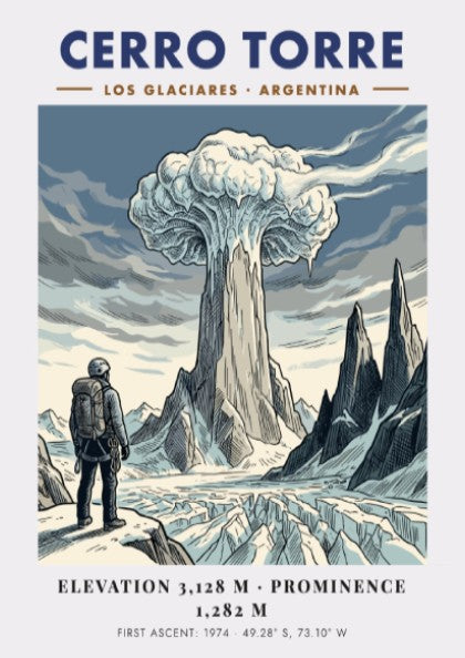 Poster featuring a climber looking at the icy, granite spire of Cerro Torre.