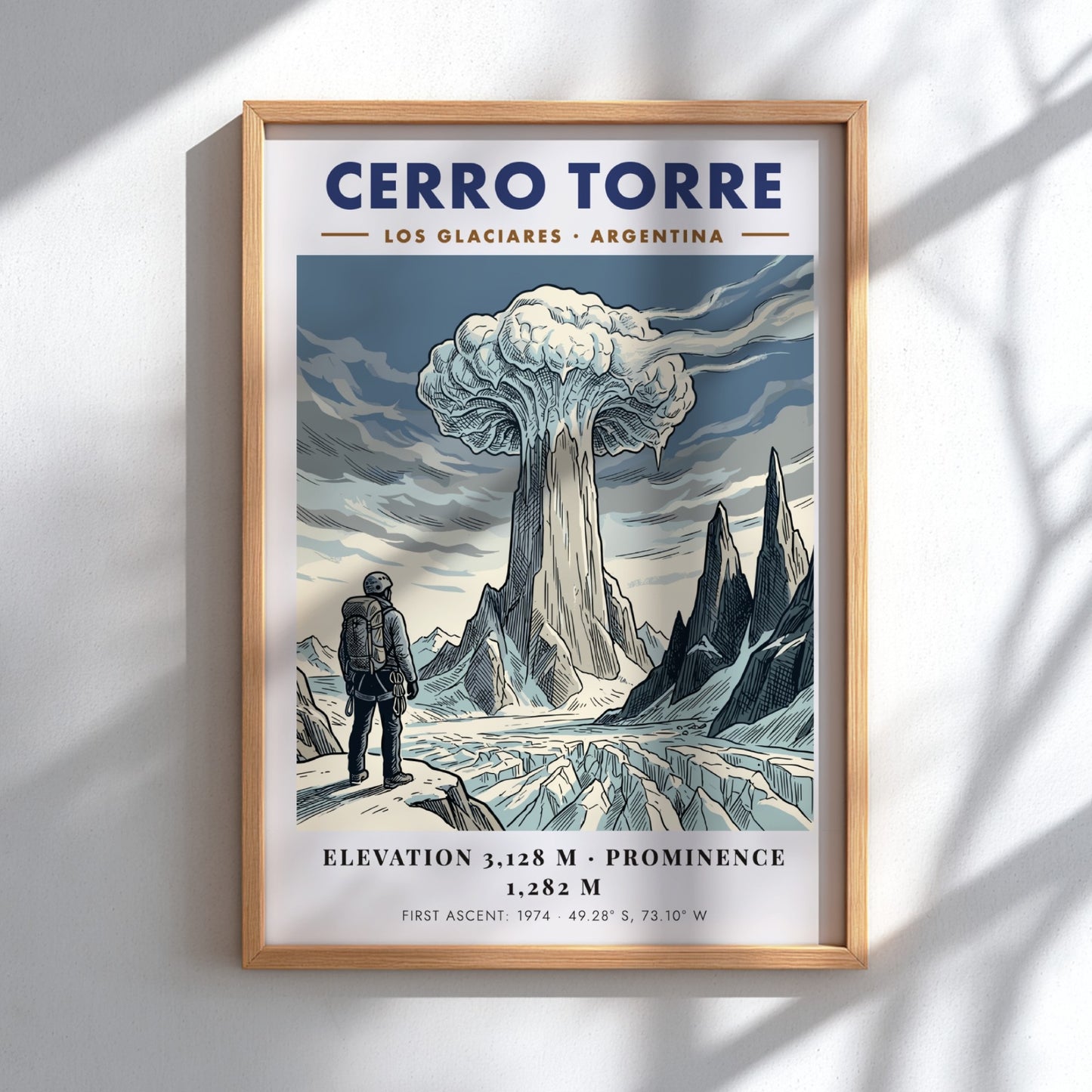 Poster featuring a climber looking at the icy, granite spire of Cerro Torre.