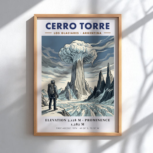 Poster featuring a climber looking at the icy, granite spire of Cerro Torre.