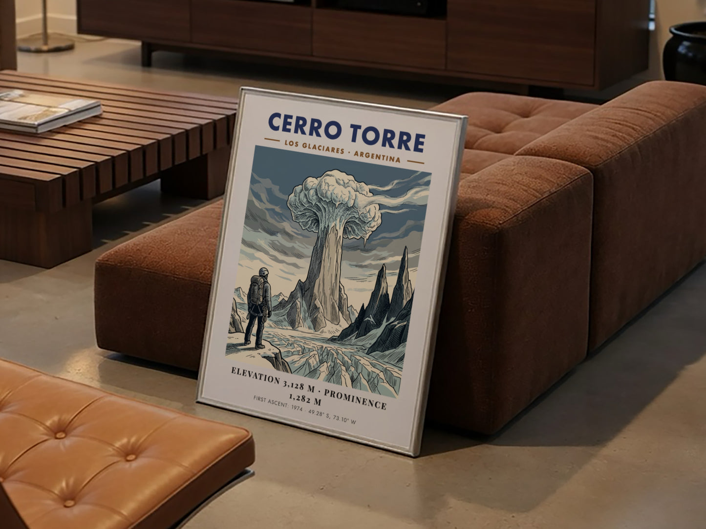 Poster featuring a climber looking at the icy, granite spire of Cerro Torre.