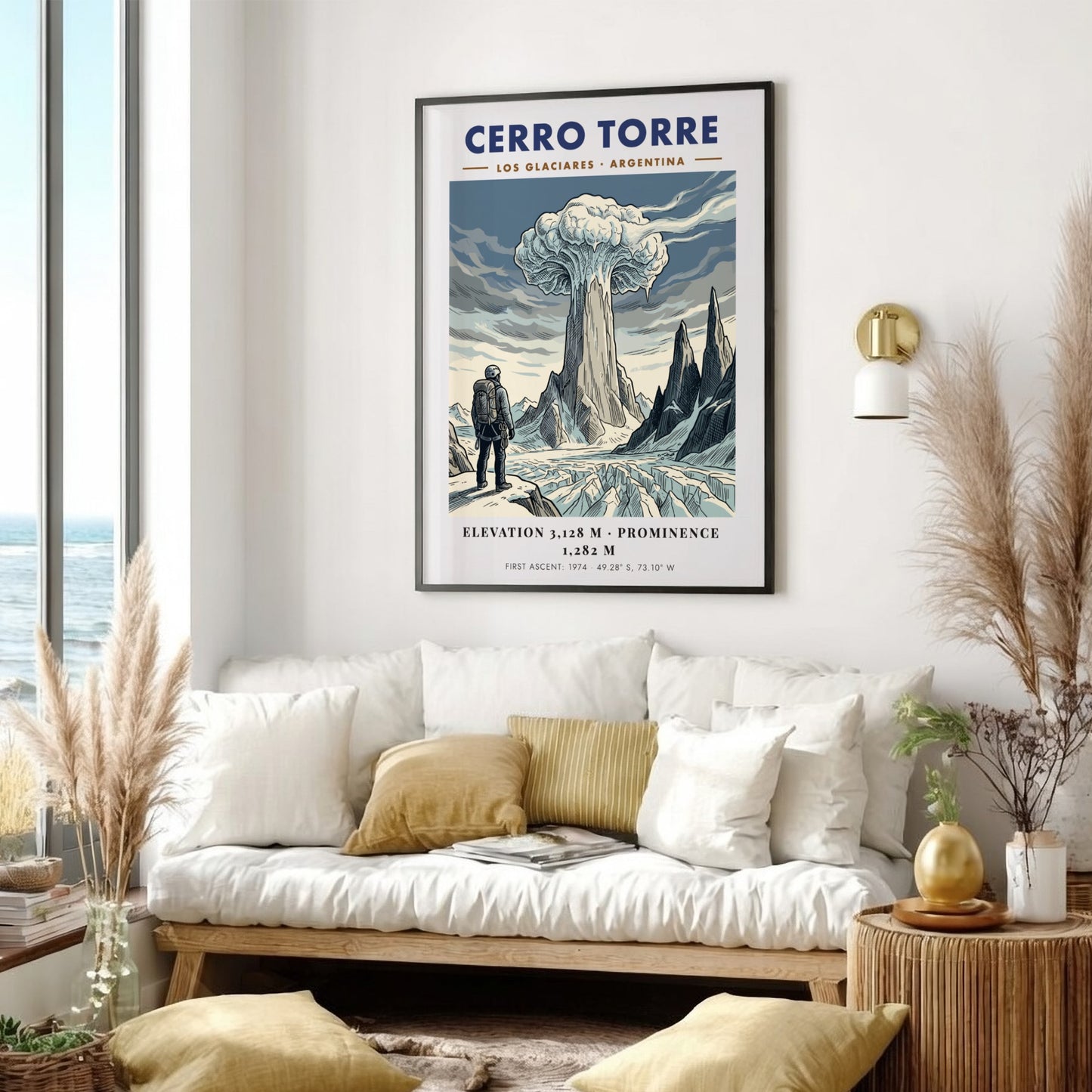 Poster featuring a climber looking at the icy, granite spire of Cerro Torre.