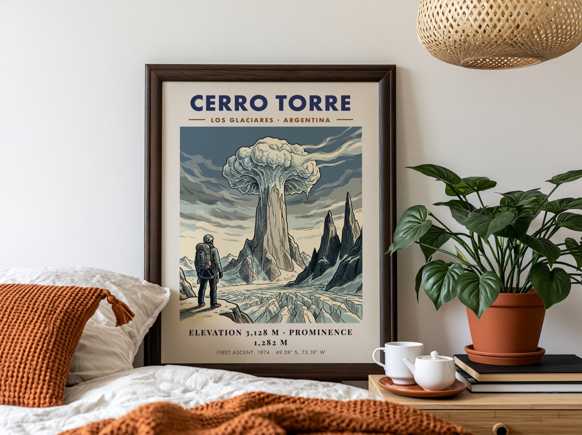 Poster featuring a climber looking at the icy, granite spire of Cerro Torre.
