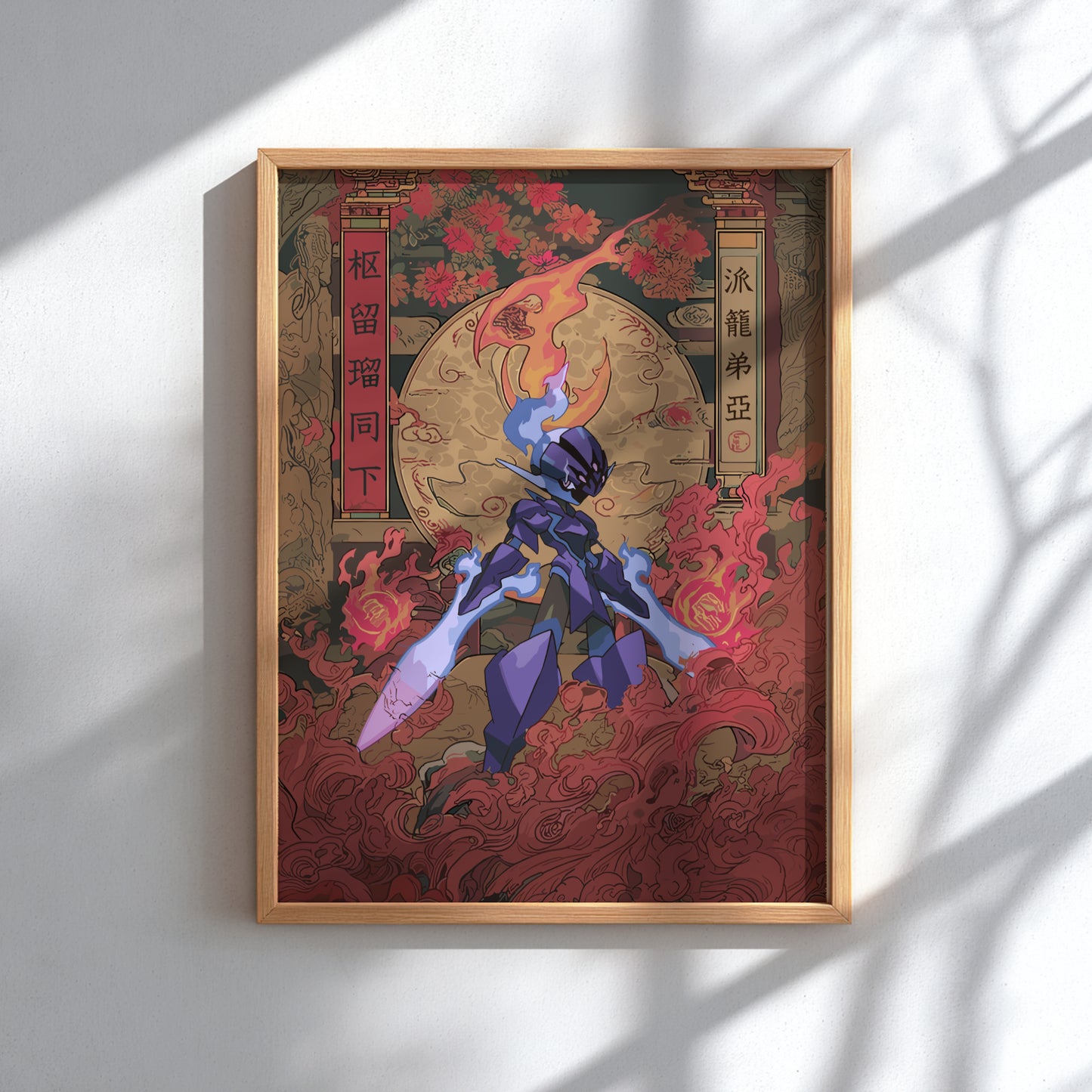 Framed artwork with Ceruledge Pokemon and floral design on a white wall