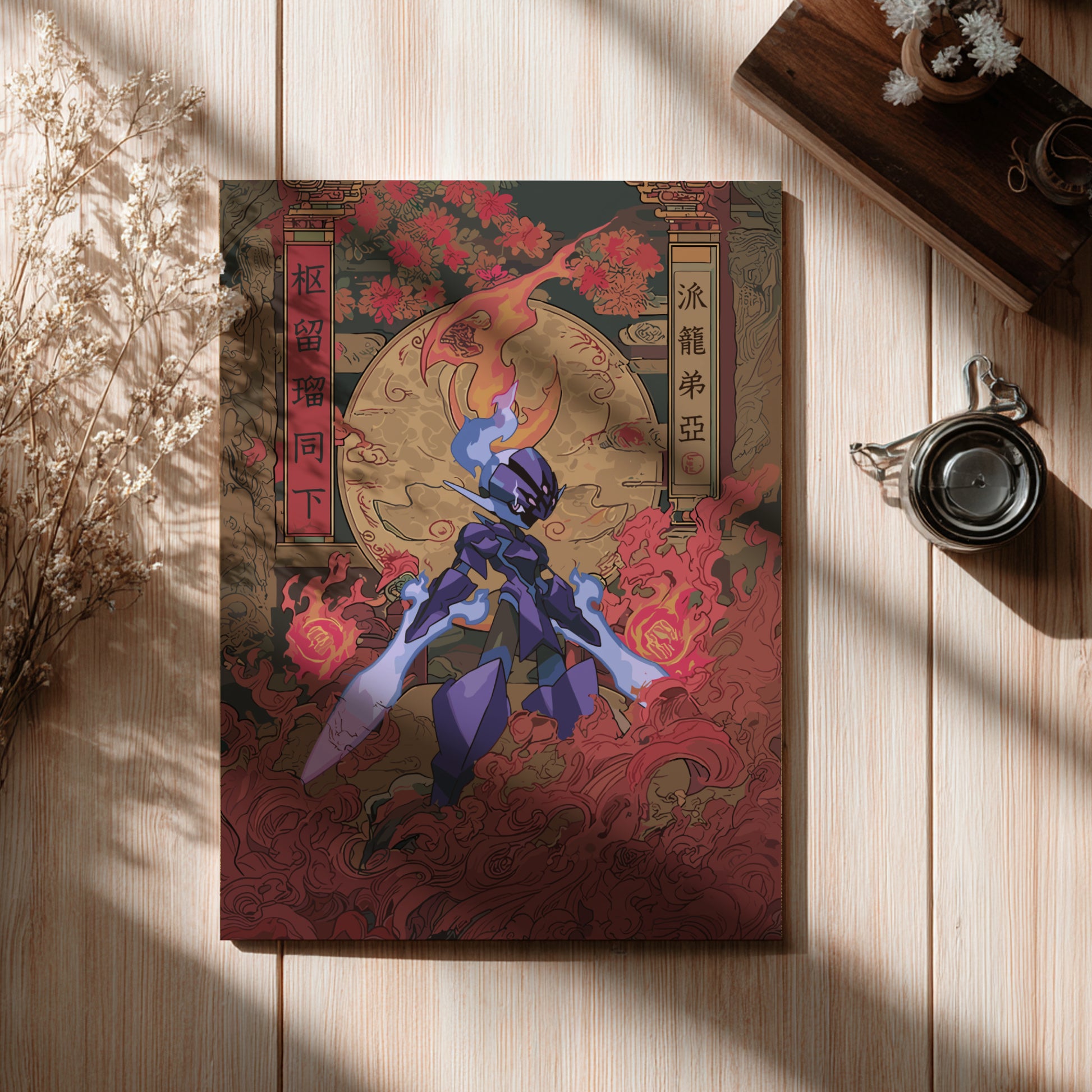 Decorative poster with fantasy design on a wooden surface