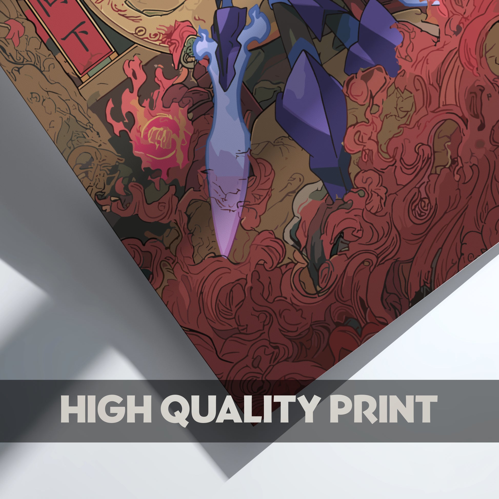 Colorful Ceruledge Pokemon design on a textured surface with 'High Quality Print' text.