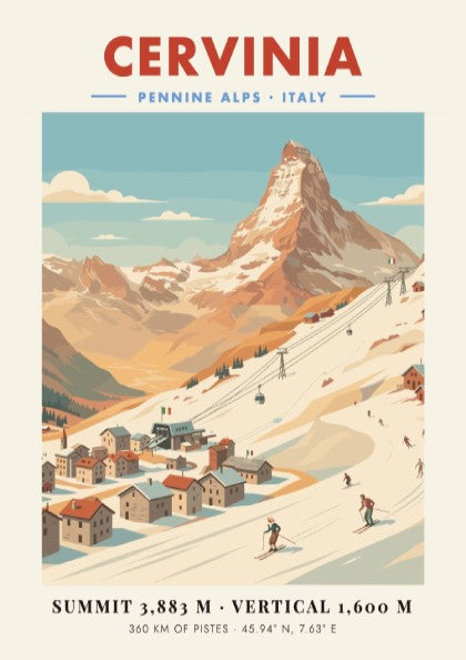 Cervinia ski resort poster featuring the Matterhorn in vintage style with warm colors